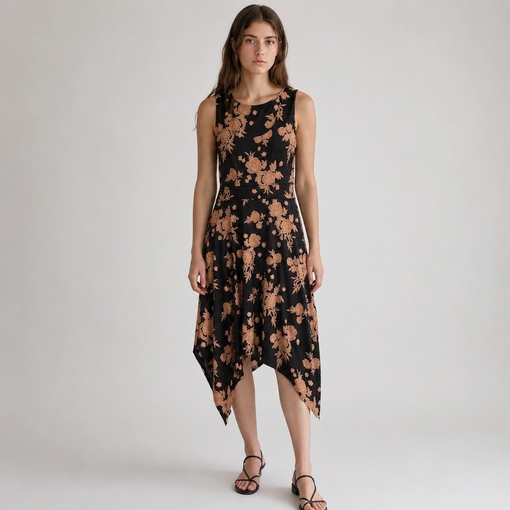 Pact Handkerchief Hem Women's L Black and Peach Sleeveless Organic Cotton Dress